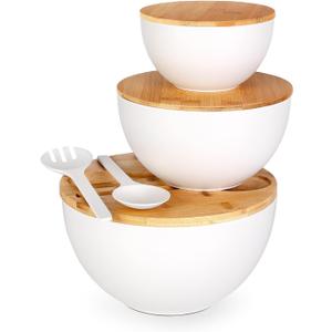ShineMe Salad Serving Bowls with Lid and Utensils, 10" Bamboo Fiber Large Salad Bowl Set of 3, Kitchen Mixing Bowls for Preparing, Storing and Serving Cereal, Fruit,Chips, Bread