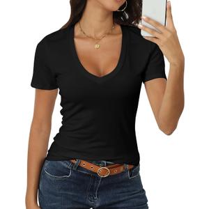 Roselux Women Short Sleeve Deep V Neck Tops Shirts Fitted Cotton Summer Tshirt Tee (Black, S)