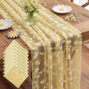 8 Pcs Yellow Daisy Table Runner 29 X70 Inch Yellow Tulle Lace Table Cloth Florals Seasonal Sheer Dining Cover for Daisy Retro Boho Birthday Baby Shower Wedding Holiday Party Home Kitchen Decor