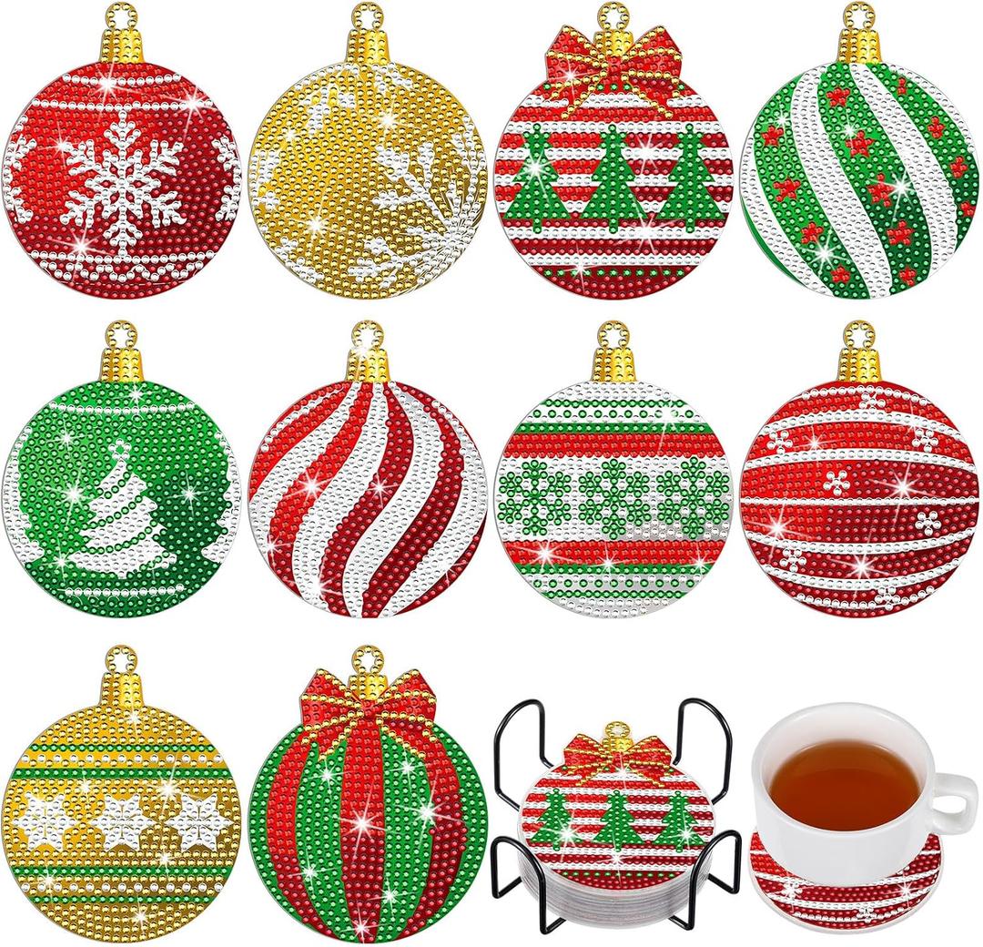 FairySandy 10 Pcs Christmas Diamond Painting Coasters Christmas Ball Diamond Art Coasters with Holder Xmas Ball Diamond Coasters 5D Full Diamond Coasters Kit Diamond Painting Kits for Adults