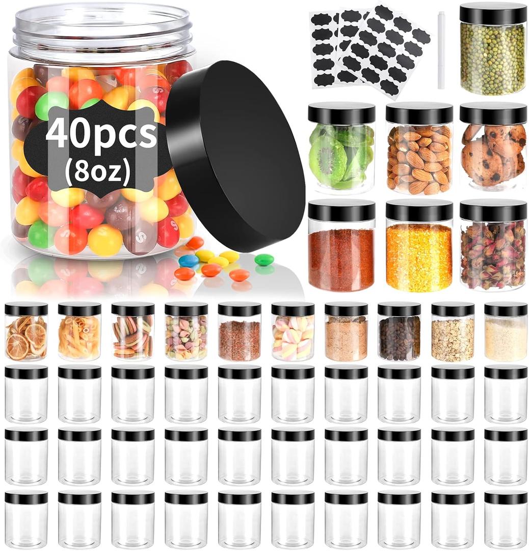 40 Pack Plastic Jars with Lids, Gencywe 8 oz Clear Slime Cosmetics Containers with Pen and Labels, Leakproof Storage Jars, PET Empty Jars with Black Lids for Kitchen Cookie Candy Spices Dry Food Cream