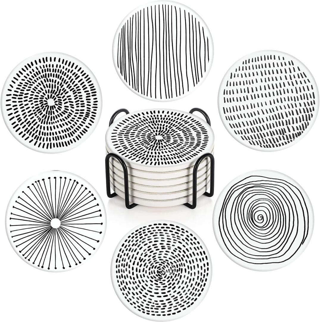 Coaster for Drinks Set of 6, Black White Geometry Absorbent Round Ceramic Stone Mat, with Cork Base and Metal Holder, Gift for Housewarming Room Bar Decor (Doodle Circles)