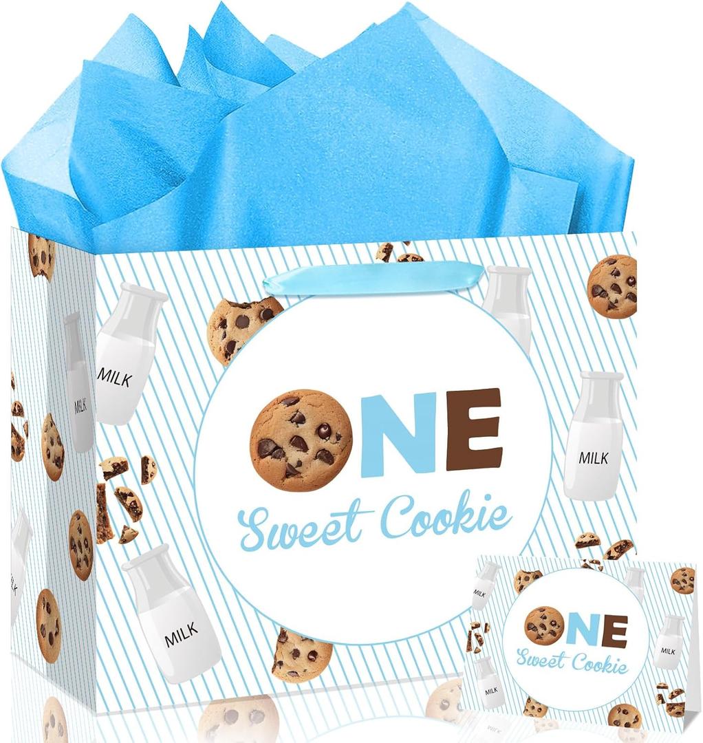 Milk and Cookies 1st Birthday Gift Bags - One Sweet Cookie Gift Bag with Greeting Card Tissue Papers Milk Theme First Birthday Wrapping Paper Bag for Baby Boys One Year Old Bday Party Favors