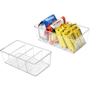 2 Pcs Clear Pantry Organizers and Storage,Plastic Storage Bins for Fridge with Removable Dividers, Kitchen Cabinet Organizers Ideal for Kitchen, Pantry, Refrigerator, Freezer, and Snack Storage (2 Pack-4 Compartment)