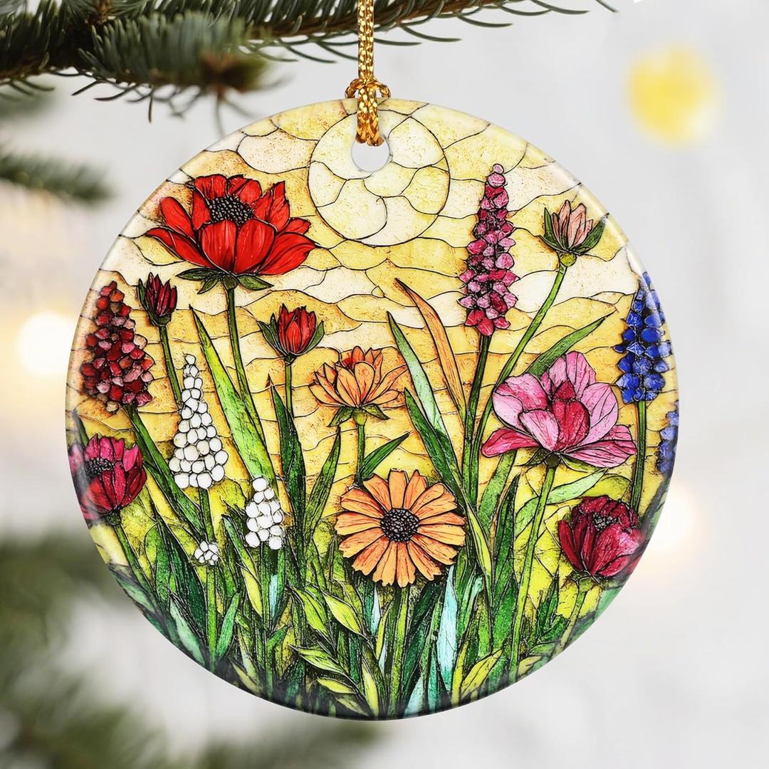 Christmas Ornaments, Dodosky 2.8in Ceramic Hanging Ornament, Xmas Decor, Christmas Tree Ornaments, Xmas Decorations for Tree, Holiday Ornament, Gifts for Flower Lovers, Gifts for Women, Mom, Grandma, 8 Pack