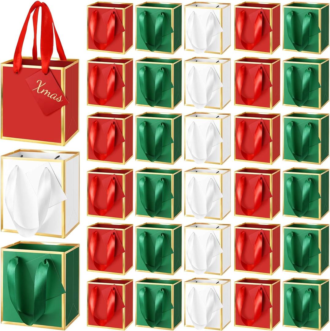 Yeaqee 50 Pcs Mini Metallic Paper Gift Bags with Handles 4x2.75x4.5'' Tiny Small Gift Bags with Thank You Tag for Christmas Wedding Birthday Welcome Return Gifts Small Business(Red Green White)