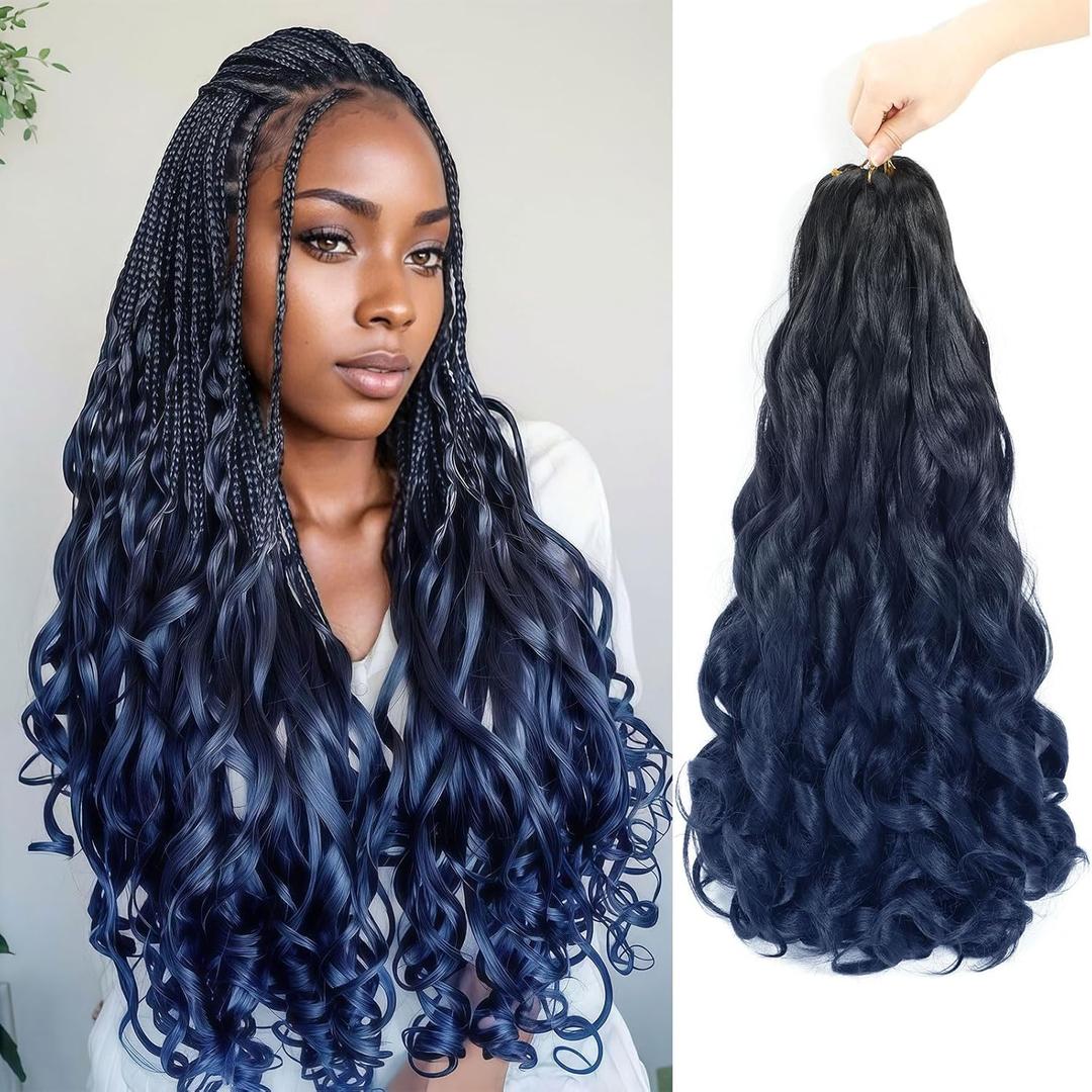 French Curly Braiding Hair 8 Packs Loose Wavy Braiding Hair Pre Stretched Bouncy Synthetic French Curl Braiding Hair Extensions for Women (1B/Dark Blue, 18 Inch)
