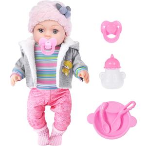 12 Inch Baby Doll - 12" Lifelike Baby Doll with 3-Piece Outfits, 4 Accessories & Feeding Playset - Realistic Rosy Cheeks & Blue Eyes, for Kids (Cute Pink)