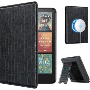 CoBak Stand Case for 7" Kindle Paperwhite 12th Gen 2024 and Kindle Colorsoft with Hand Strap - Compatible with iPhone MagSafe, for Samsung/Belkin/Anker Wireless Charging Pads, Durable, Auto Sleep Wake (*Croco Black)