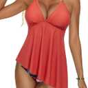 RXRXCOCO Mesh Halter Tankini Swimsuits for Women Tummy Control Swimsuit Asymmetrical Flowy High Waisted Bathing Suits (Small, Orange Floral)