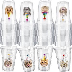 48 Pcs Cat Party Plastic Cups Bulk 12 oz Kitten Birthday Clear Disposable Cups for Cat Themed Birthday Party Supplies Drinkware Decorations