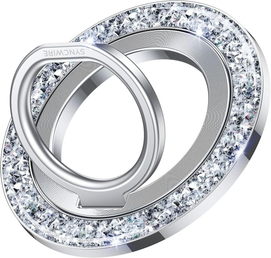 SYNCWIRE Magnetic Phone Ring Holder for MagSafe - Glitter Phone Grip Stand with 360 Rotation & Reinforced Hinge, Compatible with iPhone 16 15 14 13 Pro Max Plus MagSafe Accessories - Glitter Silver