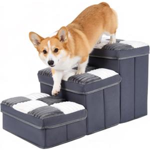 15.4''Dog Stair with Storage, Foldable Dog Steps for Bed with Soft Cover, Lightweight,3-Step Pet Stairs up to 70LBS, Non-Slip Puppy Stairs for Small Medium Dogs Puppy, Cats(Grey)