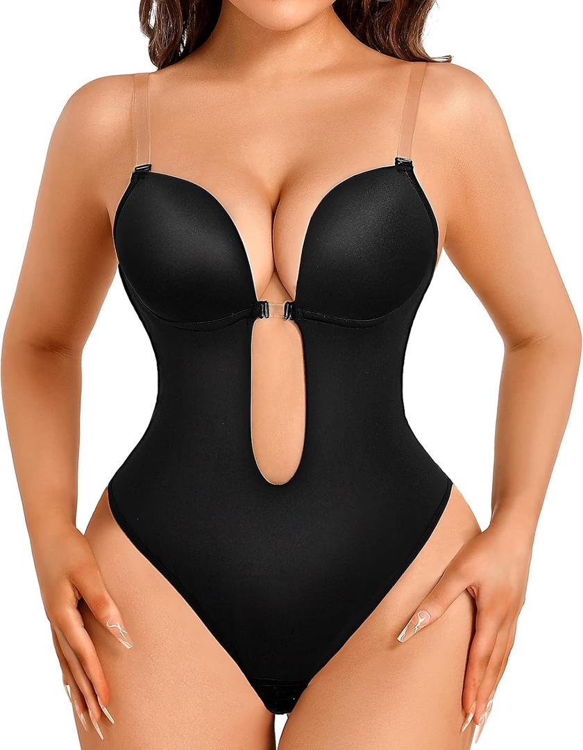 Decorus Shapewear Backless Bodysuit Strapless: Low-back Thong Body-shaper Invisible Women - Build in Bra Open-back Bodysuits (X-Large, Black)