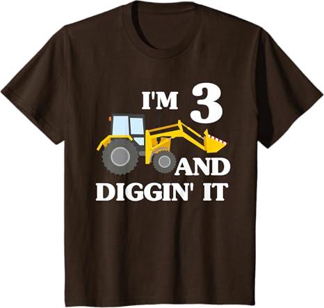 Kids I'm 3 And Digging It Construction Excavator 3rd Birthday T-Shirt (Black) 2T