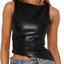 Vivitulip Women's Faux Leather Ruched Tank Top High Neck Sleeveless Cami Shirt (Medium, Black)