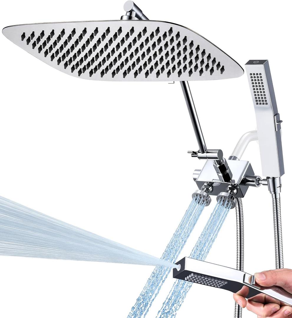 All Metal 12 Inch Rain Shower Head with Handheld Built-in Power Wash Mode, Body Spray Jets with Handheld Spray Combo, 71 Inch Long Hose, 14 Inch Extension Arm, 3-Way Diverter (Chrome)