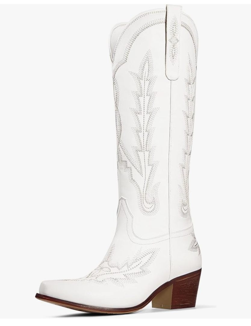 Ouepiano Cowboy Boots for Women Knee High Cowgirl Boots with Classic Embroidered Slip On Pointed Toe Chunky Heel Pull On Fashion Retro Tall Boot Size 8