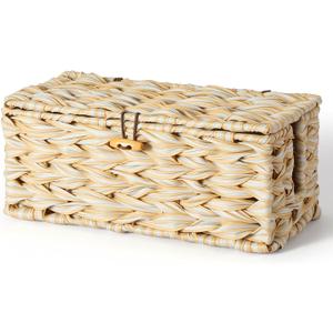 Delamu Handwoven Synthetic Rattan Cable Management Box, Flat Weave Desk Organizer with Wire Management, Multi Purpose Cord Hider Box, 12.5" Lx 5.3" Wx 5.3" H, Natural & White