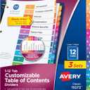 Avery Dividers for 3 Ring Binders, 12 Tabs per Set, Customizable Table of Contents, Multicolor Tabs, Great for Organizing Reports, Projects, and More (3 Sets of 11073)