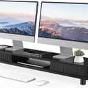 Fenge Dual Monitor Stand, 42.5inch Long Monitor Stands Riser for 2 Monitors, Sliding Door with Storage Organizer Stand for Desk, 2 Tier Desk Shelf for Laptop, Pc, Printer, Computer, TV