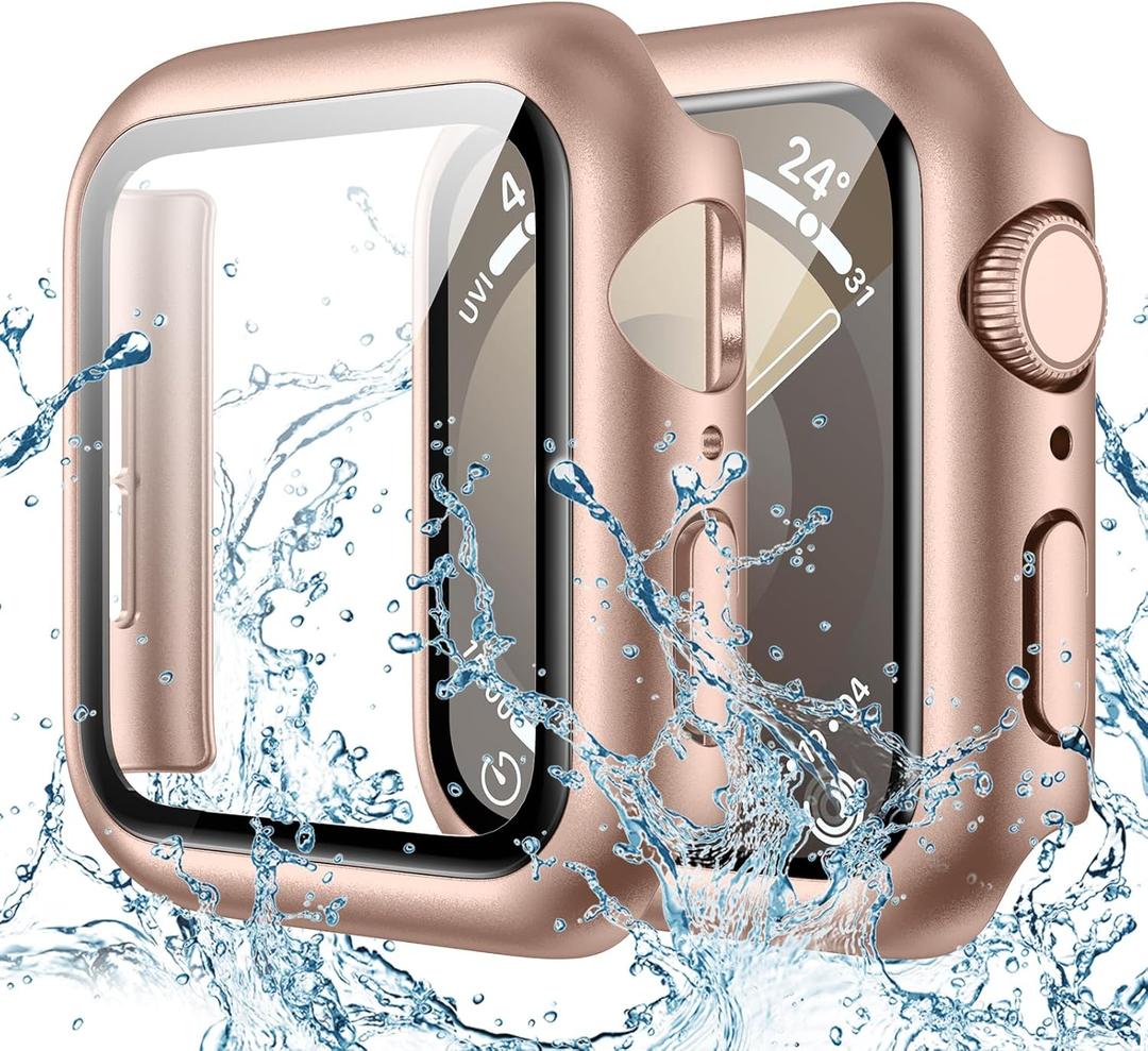 Goton Waterproof Case Compatible for Apple Watch Screen Protector Series 6/5/4, SE 3/2/1 44mm, Hard Bumper with Tempered Glass for iWatch Cover 44 mm (Original Rose Gold)