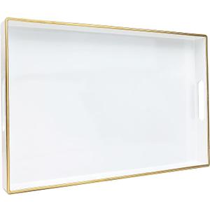 Spsyrine White Decorative Serving Tray with Handles, Elegant Plastic Coffee Table Tray for Ottoman, Living Room, Home Decor 15.6" X 10.2"