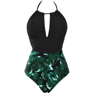 Eomenie Women's One Piece Swimsuits Tummy Control Halter Slimming Bathing Suit Plunge 1 Piece Swimsuit for Woman, 2XL
