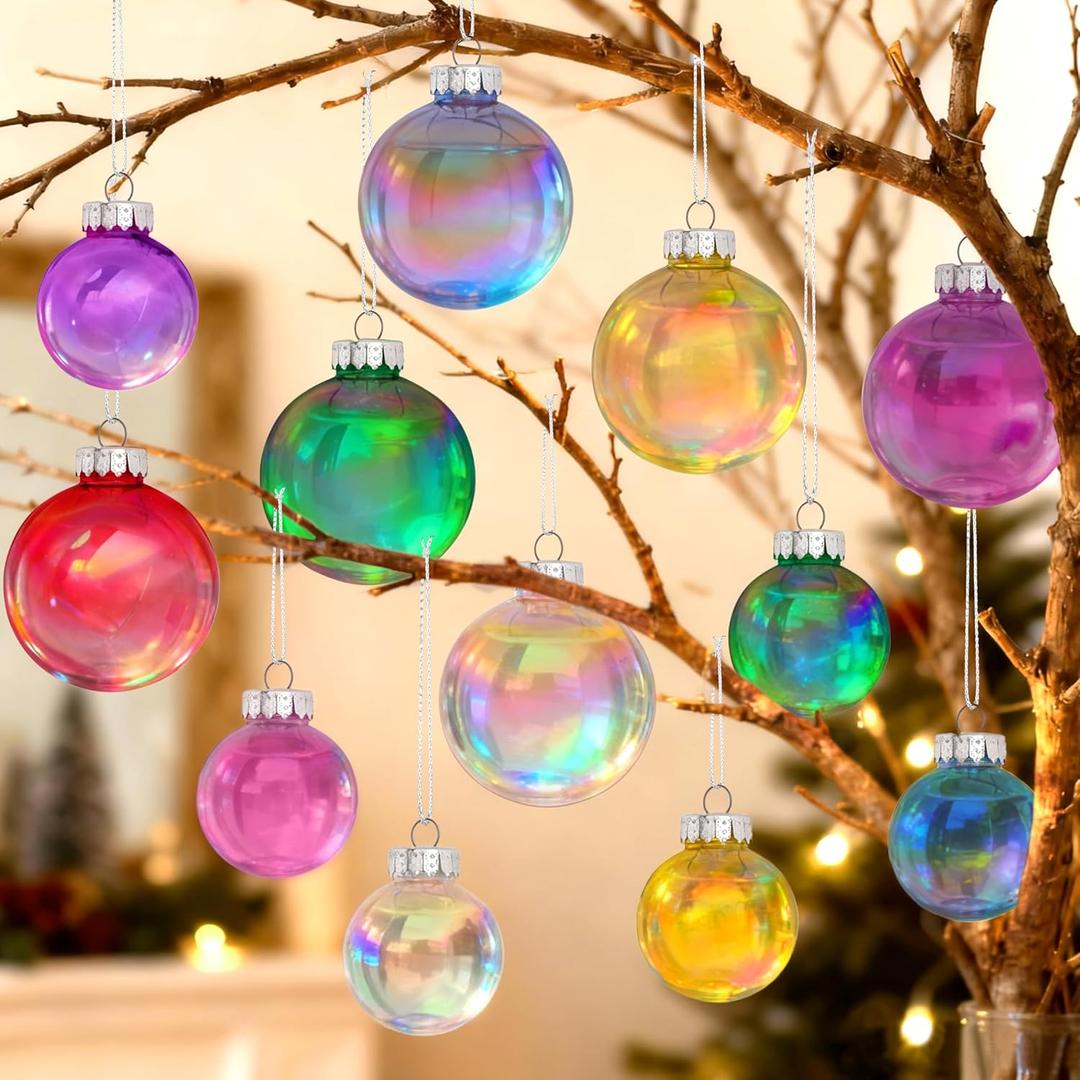 Christmas Balls Ornaments Set, 12Pcs Multi Colored Iridescent Decorative Hanging Balls for Christmas Trees Decorations, Plastic Clear and Shiny Ornaments for Xmas Tree Holiday Party Wedding