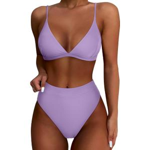 SUUKSESS Women High Waisted High Cut Bikini Sets Sexy Triangle Two Piece Swimsuits Push Up Bathing Suits (Light Purple, XL)