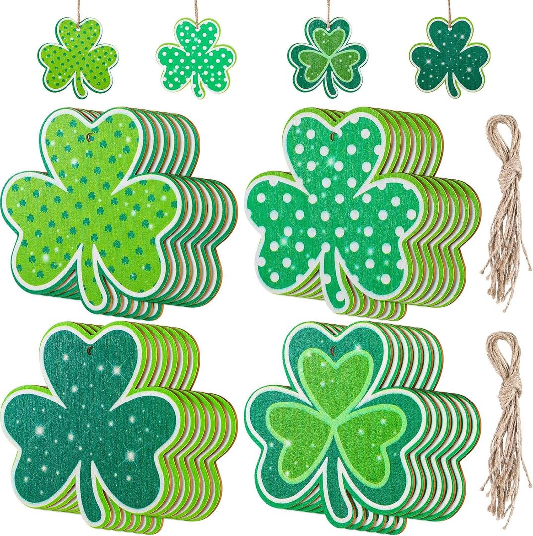 24 Pcs St Patricks Day Decorations Shamrocks Wooden Clover Ornament Shamrock Wooden Cutouts Hanging Ornament with Rope for St Patrick's Day Tree Table Decor(Glitter Style)