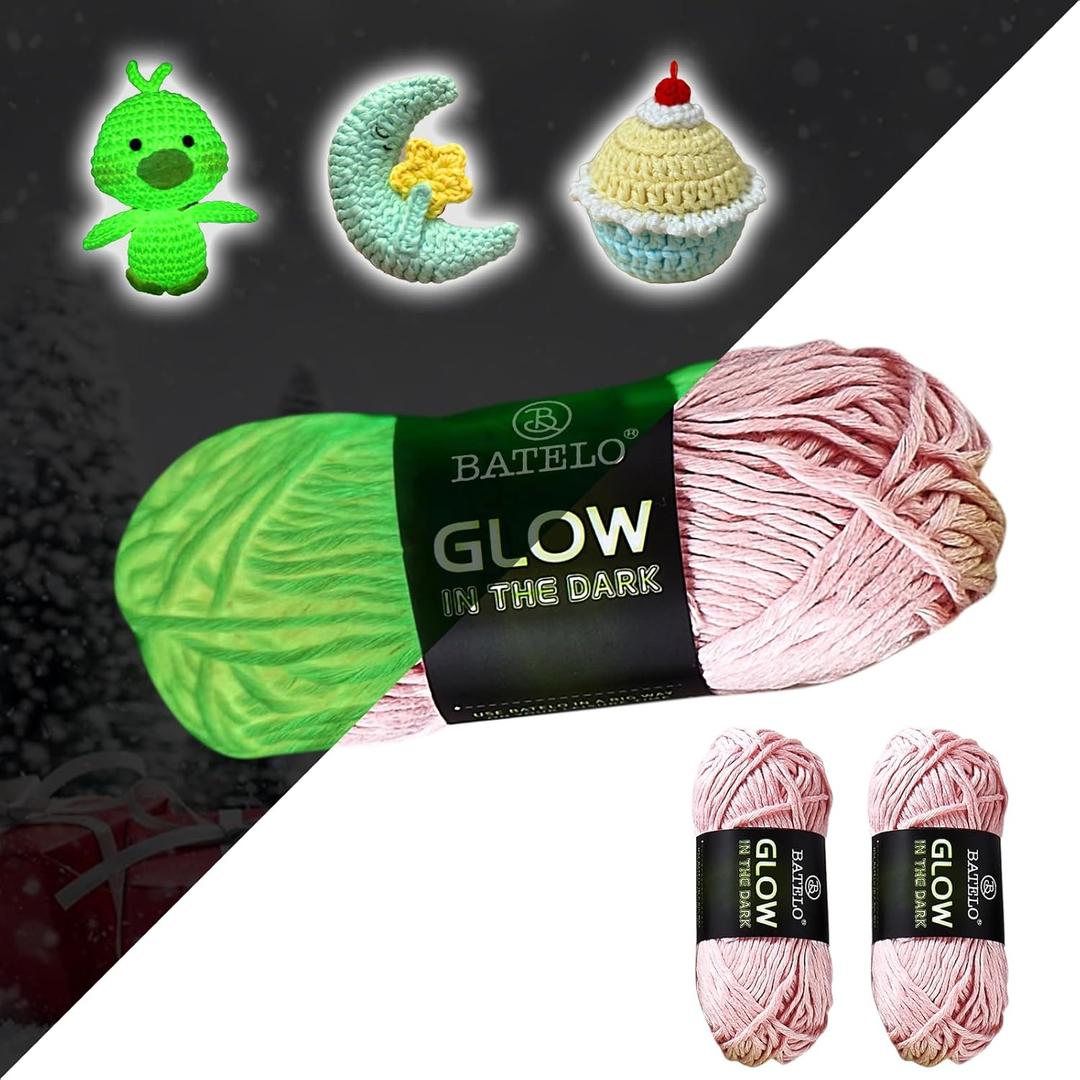 Glow in The Dark Crochet Luminous Polyester Yarn - Halloween Party Ghost Pumpkin Doll - Total 3.52oz/100g 115.92yd/106m Light Pink