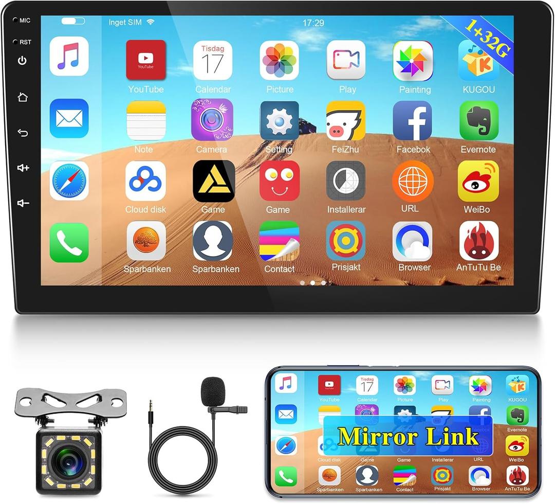 10.1 inch Android Double Din Car Stereo, [1G+32G] Touch Screen Android Radio with Wireless&Wired Mirror Link/1080P/EQ/WiFi/SWC/Bluetooth +Backup Camera+MIC