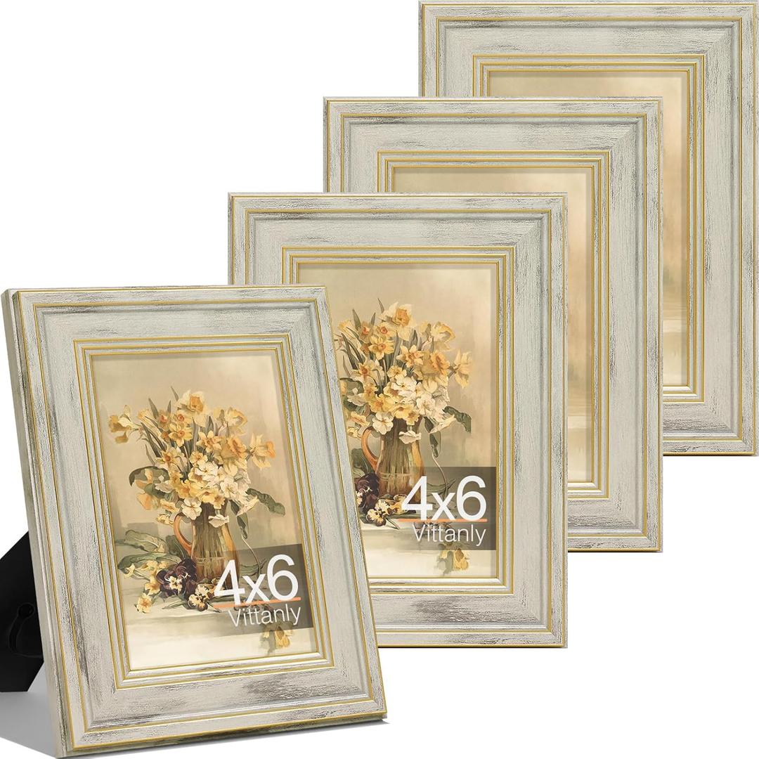 Vittanly 4x6 Picture Frame Set of 4, Vintage Photo Frame for Wall or Tabletop, Display 4x6 Pictures, Rustic Farmhouse Home Decor, Distressed White