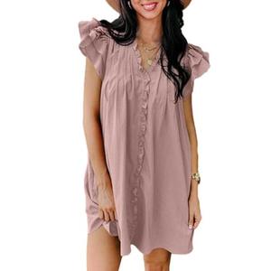 AlvaQ Womens Summer Dresses 2025 V Neck Ruffle Cap Short Sleeve Mini Dress Casual Flowy Pleated A Line Sundress with Pockets (Large)