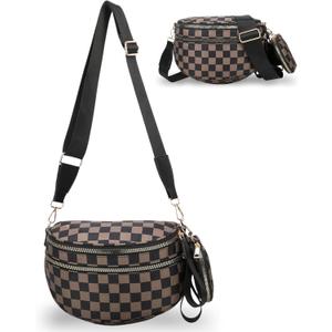 Checkered Crossbody Bum Bags for Women, Nylon Sling Bags with Shoulder Strap, Large Capacity Checkered Purse Bag (Brown)