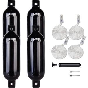 Leader Accessories Ribbed Twin Eyes Boat Fender Bumper Pack of 4 Includes 3/8'' Fender Lines and Pump to Inflate (5.5*20 inch, Black)