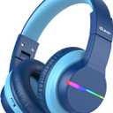 iClever BTH12 Kids Bluetooth Headphones,Colorful LED Lights Kids Headphones Wireless,74/85dBA Safe Volume,85H Playtime,Fast Charging,Bluetooth 5.2,Over Ear,Built-in Mic for iPad/Tablet/Airplane,Blue