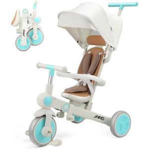 JMMD Baby Tricycle, 7-in-1 Multifunctional Kids Trike with Adjustable Parent Handle, Safety Harness & Wheel Brakes, Removable Canopy, Stroll Trike for Boys & Girls Ages 18 Months-5 Years, Mint