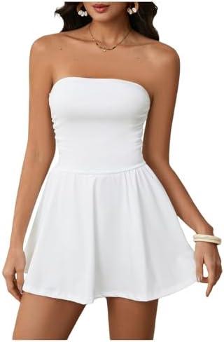 MakeMeChic Women's Party Tube Top Dress Strapless Mini Dress Ruched A Line Flare Ruffle Going Out Short Dress L