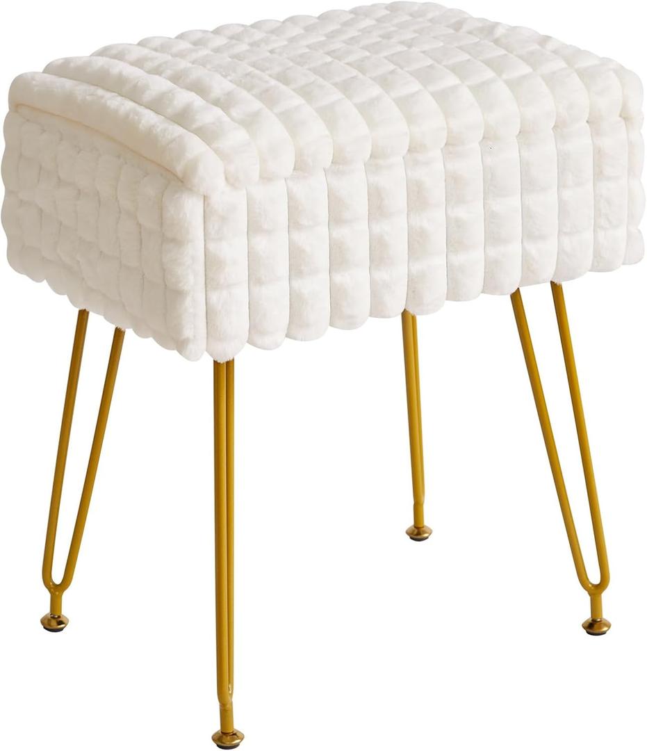IBUYKE Rectangle Vanity Chair with Storage Space, Footrest Footstool Ottoman, Vanity Stool, Dressing Table Chair, with Anti-Slip Feet, for Makeup Room, Bedroom, Square Grid Pattern, White WBD004W