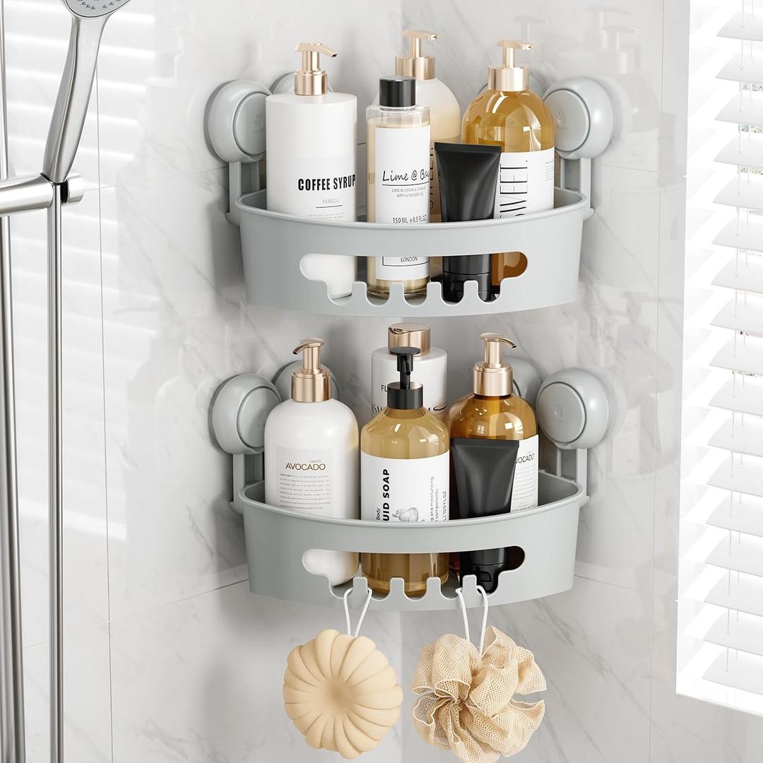 TAILI Suction Corner Shower Caddy, Bathroom Shelf Storage Basket Wall Mounted Organizer for Shampoo, Conditioner, Plastic Rack for Kitchen and Bathroom, Drill-Free Removable-Grey