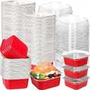 200 Pack 5 oz Mini Cake Pans with Lid, Aluminum Foil Mini Baking Tins, Square Disposable Cupcake Baking Cup Dessert Container for Wedding Birthday Party Picnic(Red,Classic)