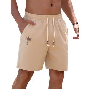 Men's Cotton Shorts Drawstring Waist Embroidered Tree Summer Vacation Beach Shorts (Medium, Khaki)