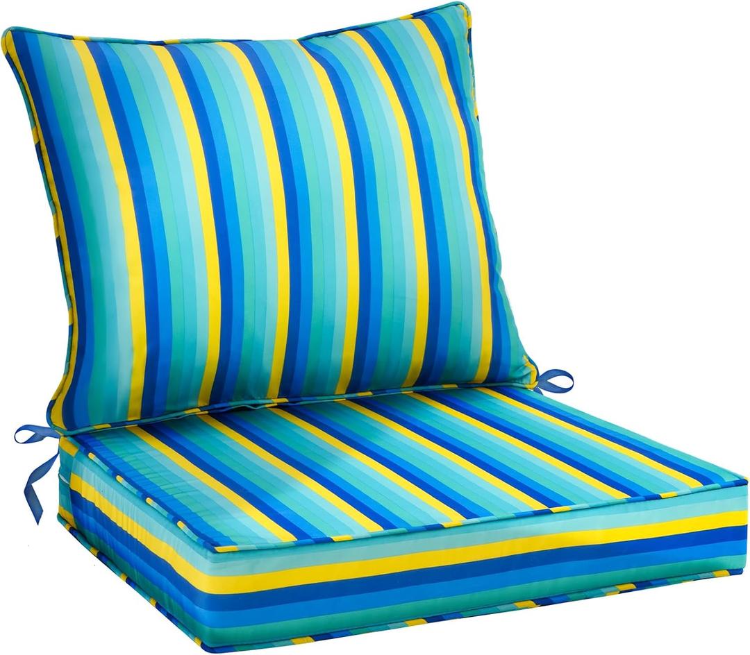Outdoor Deep Seat Cushion Set 22 x 22 Inch, Waterproof Fade Resistant Patio Furniture Deep Seat & Backrest Cushion Set with Removable Cover for Pation Furniture (Stripe Beach, 22" x 22" + 22" x 19")