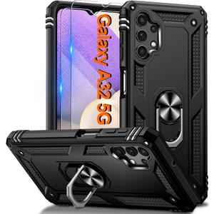 for Samsung Galaxy A32-5G Phoone Case with 2PCS HD Screen Protector, Heavy Duty Shockproof Magnetic Ring Stand [Military Grade] Protective Case for Galaxy A32 5G, Black