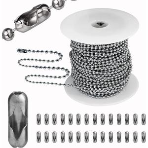 55ft Ball Bead Chain, 3.5mm Stainless Steel with 100 Connectors Clasps, Bulk Necklace for Jewelry Making, Dog Tag, Military Keychain