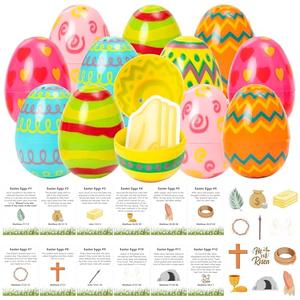 COcnny Easter Story Religious Eggs - 12 Set Easter Eggs with Matching Holy Week Cards and Religious Figurines Paper Token for Basket Stuffer, Christian Gift for Sunday School Hunt Activities
