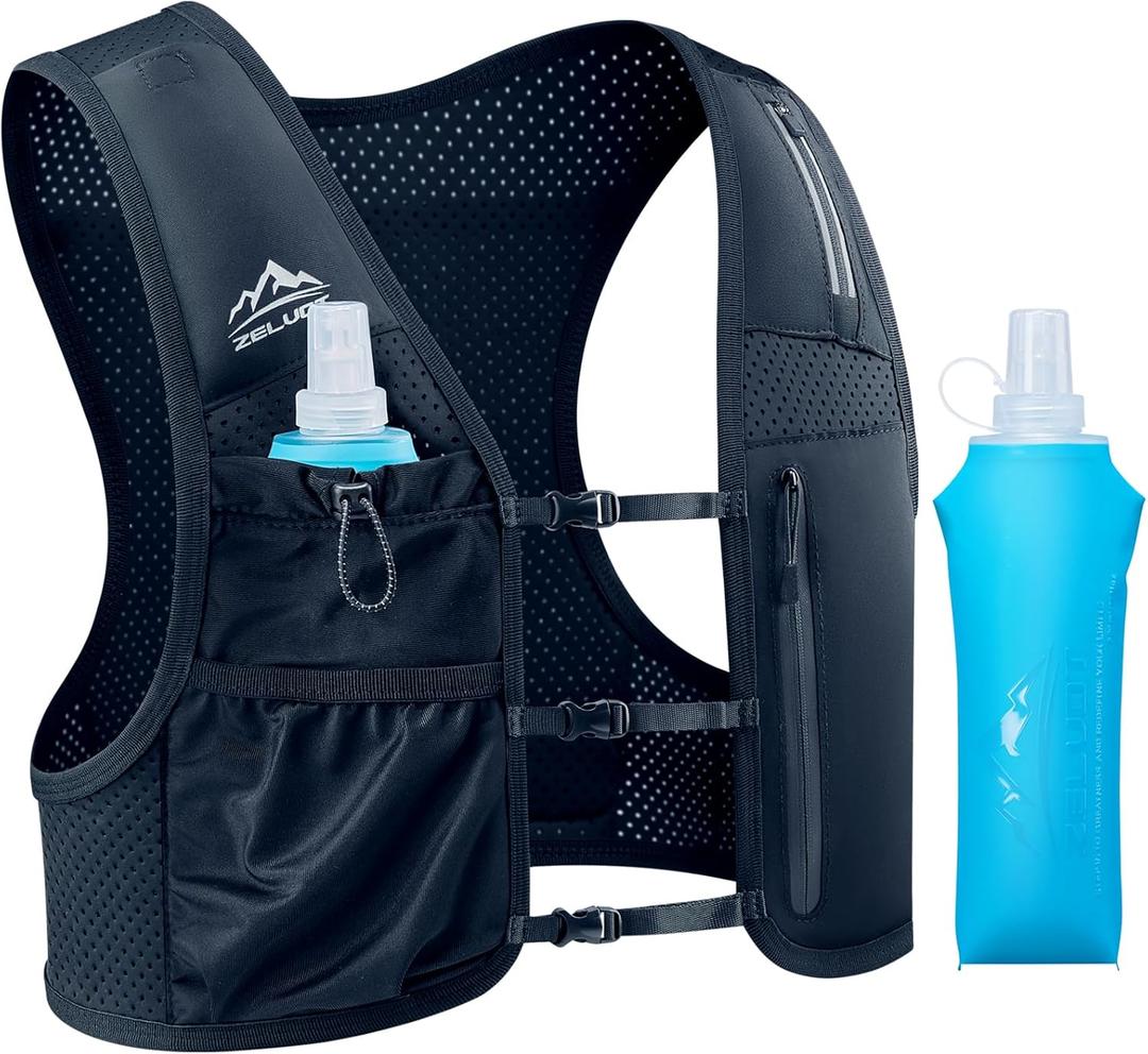 Zelvot Running Vest for Women Men, Adjustable Running Phone Holder Vest, USA Original Patent, Running Hydration Vest with 500ml Soft Flask, Reflective Running Backpack for Hiking Cycling (Medium-Large, Black)