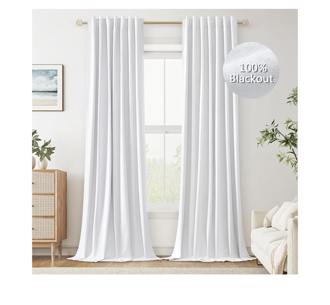 Guken White Linen Blackout Curtains 108 Inch Length 2 Panels Set for Living Room Bedroom Back Tab Thermal Insulated 100% Black Out Linen Drapes Room Darkening Window Curtains 108 Inches Long White